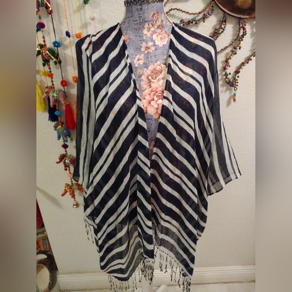 Talbots Stripe Kimono Duster Fringe